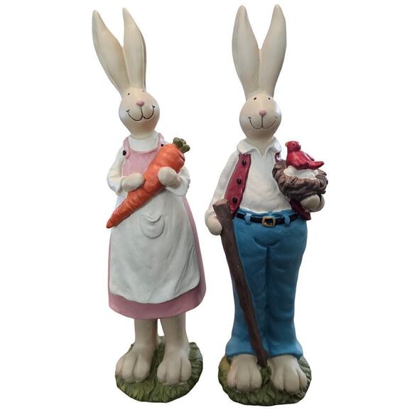 Easter Bunny Couple Figurines Pair of Rabbits Rustic Farmhouse Bird Carrots 9" - Picture 1 of 8
